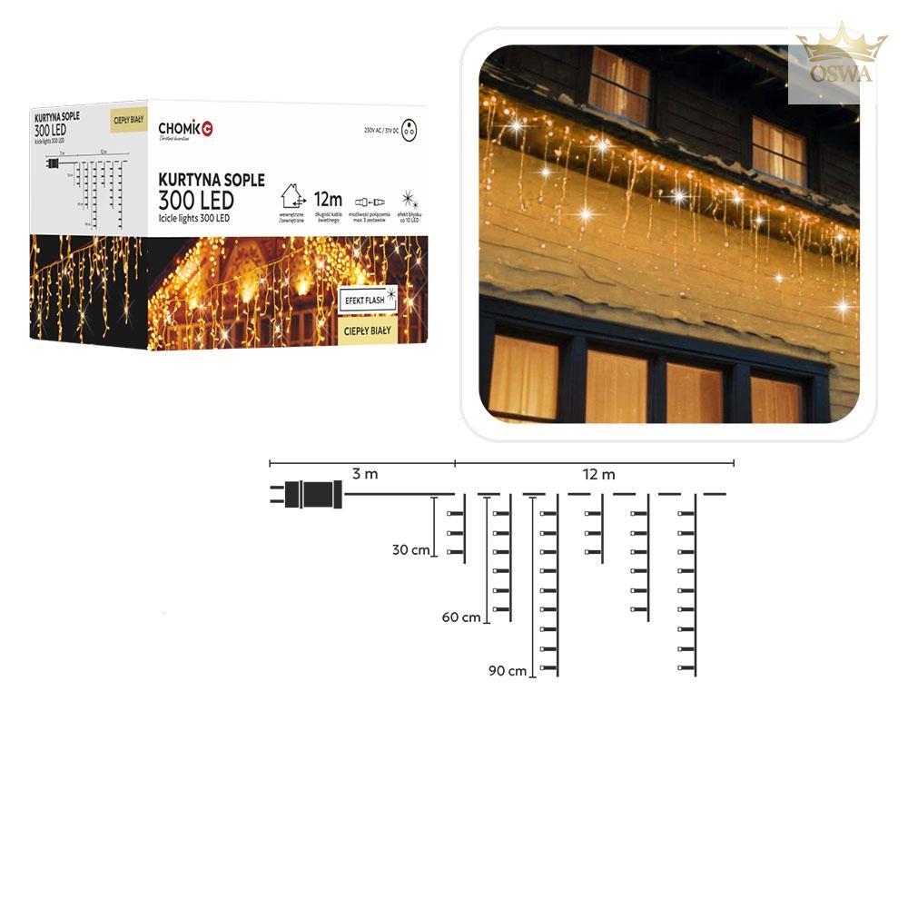 Kalėdinė LED užuolaida/varvekliai, 300 LED, šiltai balta šviesa, 12 m - Image 2
