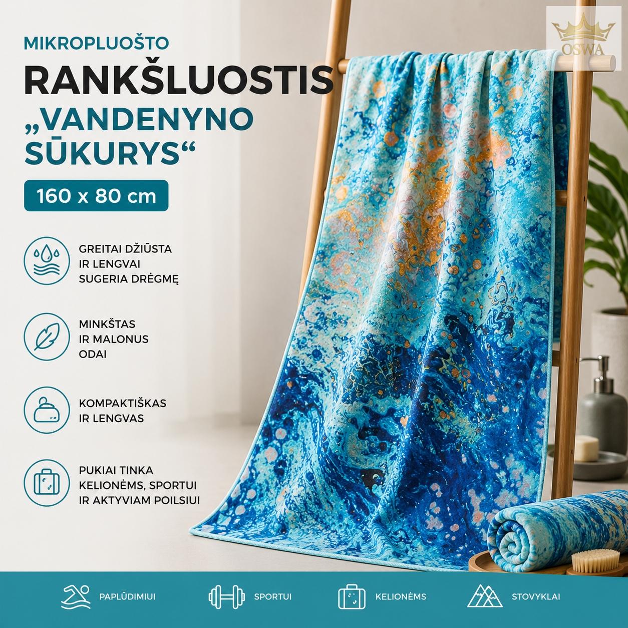 Mikropluošto rankšluostis „Vandenyno sūkurys“ 160 x 80 cm - Image 2